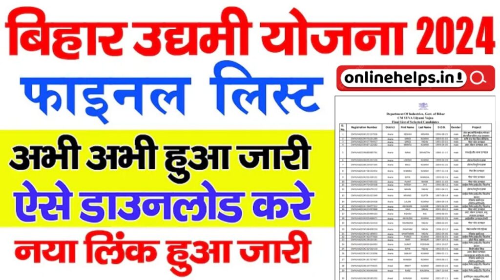 Mukhyamantri Udyami Yojana Selection List 2024-25 : बिहार उद्यमी योजना 2024-25 का सिलेक्शन लिस्ट यहाँ से करें डाउनलोड