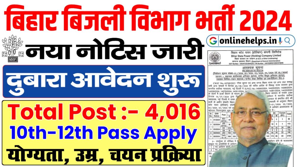 Bihar Bijali Vibhag Vacancy 2024 : बिहार के बिजली विभाग में नई भर्ती के लिए सुचना जारी, जानें पुरी जानकारी:-