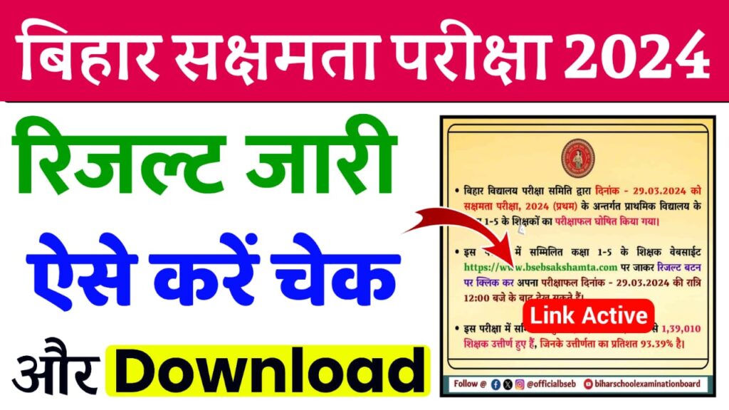 BSEB Sakshamta Result 2024 : Bihar Sakshamta Pariksha Result Released : How to Download Sakshamta Result