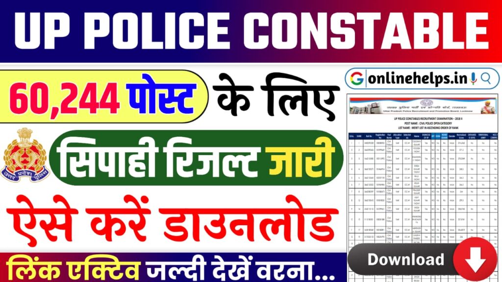 UP Police Constable Result 2024 : Cut off Marks, Merit List Download 2024