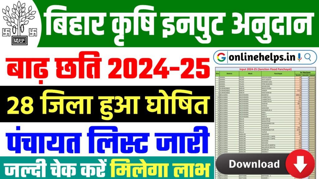 Bihar Krishi Input Anudan 2024 Panchayat List : बिहार कृषि इनपुट अनुदान 28 जिला हुआ घोषित पंचायत लिस्ट जारी जल्दी चेक करें